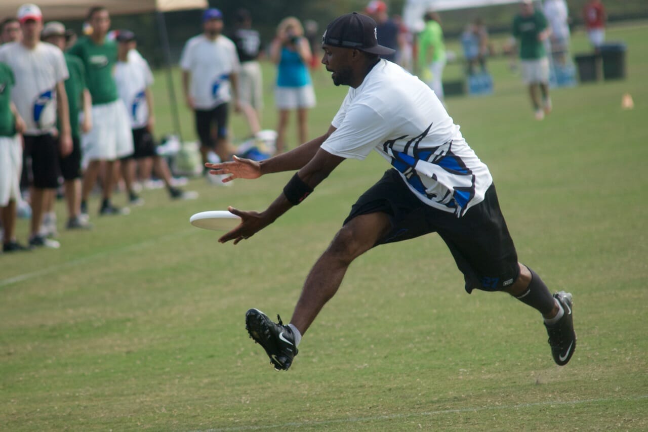 Nasser M'Bae Vogel, scoring against the Condors at the 2011 USA Ultimate Club Championships.