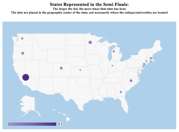 Heat map of Semifinals appearances for college women's ultimate teams by state.