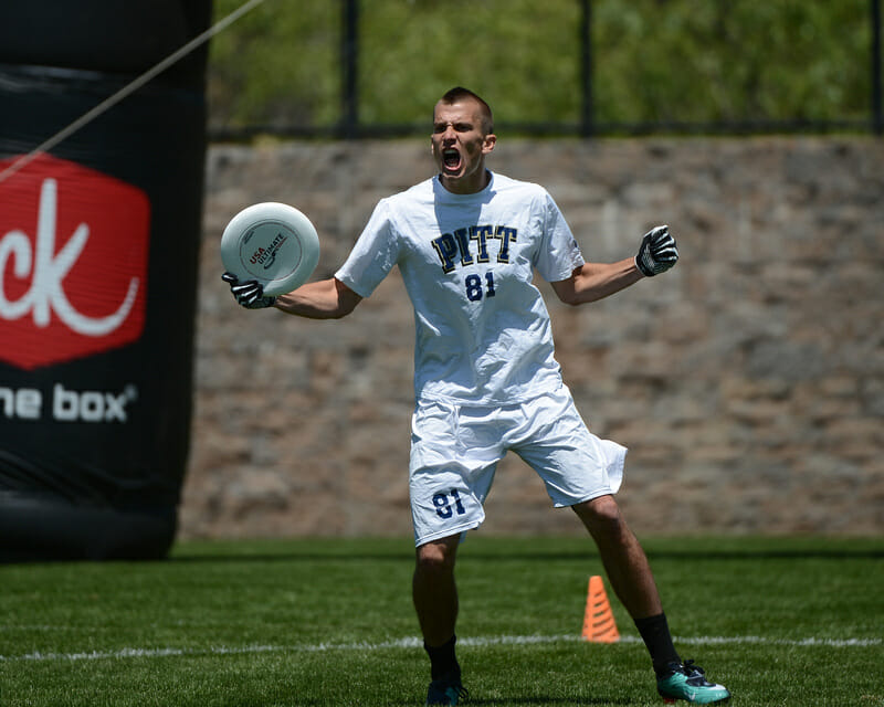 Pittsburgh's Tyler Degirolamo celebrates a score in the finals of the 2012 College Championships.
