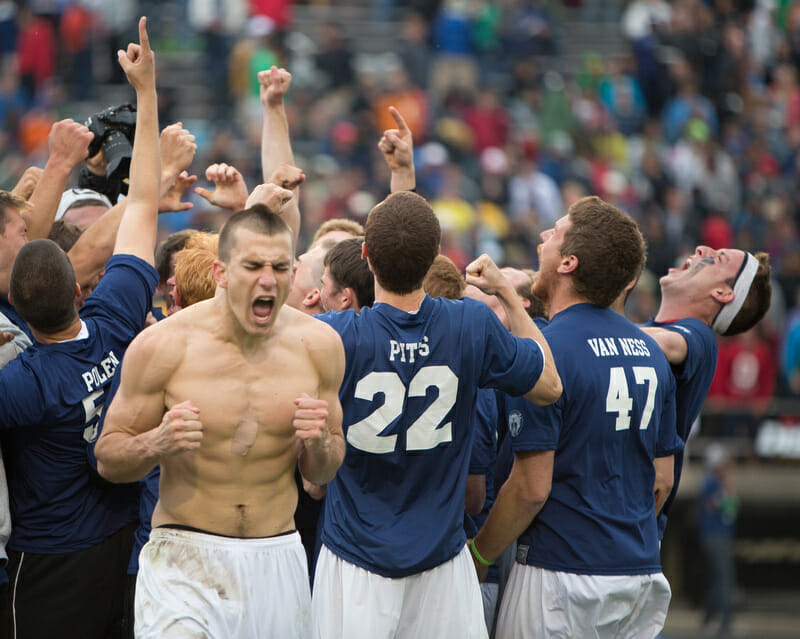 Tyler Degirolamo and Pitt celebrate after earning a spot in the finals of the 2013 USA Ultimate D-I College Championships.