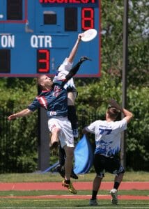A Rochester Dragons player gets way up against the DC Breeze.