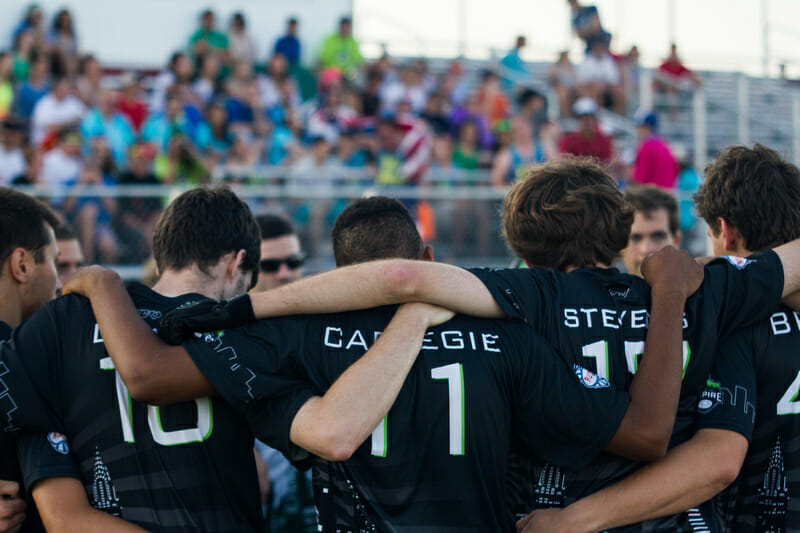 The New York Empire huddle up at their playoff game against the Philadelphia Phoenix in Wildwood, New Jersey.