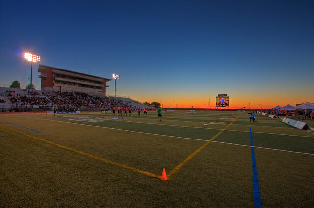 Semifinals at sunset in Frisco at the 2013 USA Ultimate National Championships. Photo: Alex Fraser -- UltiPhotos.com.