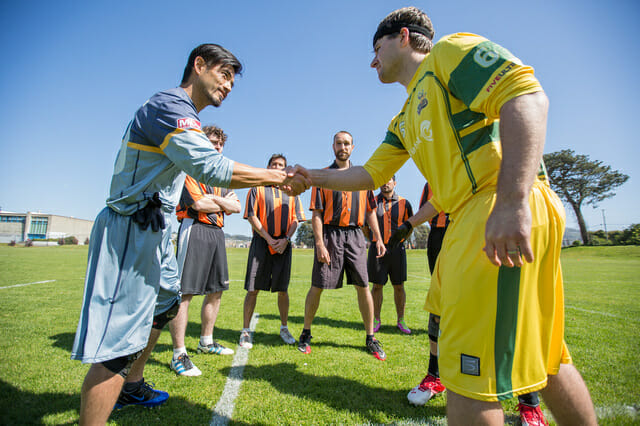 San Francisco Dogfish and Portland Stag captains Ryo Kawaoka and Cody Bjorklund shake hands before the first ever Major League Ultimate game on April 20, 2013.