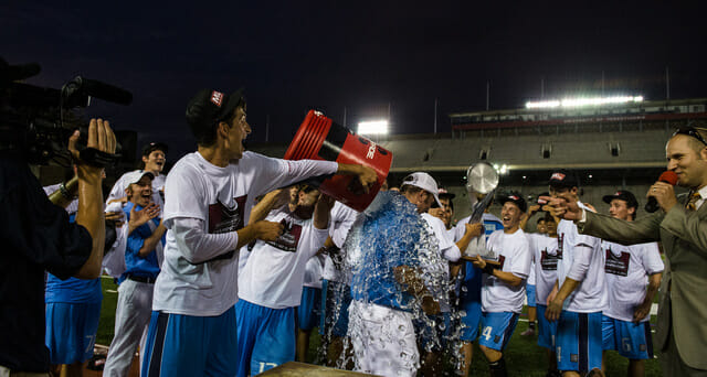 Boston Whitecaps coach Jason Adams get doused by players after leading the Whitecaps to a perfect season and MLU title. Photo: Kevin Leclaire -- UltiPhotos.com
