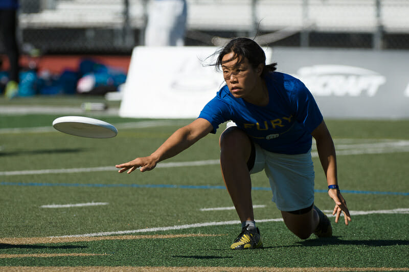 Fury's Nancy Sun throws a low release backhand in the semifinals of the 2013 Club Championships.