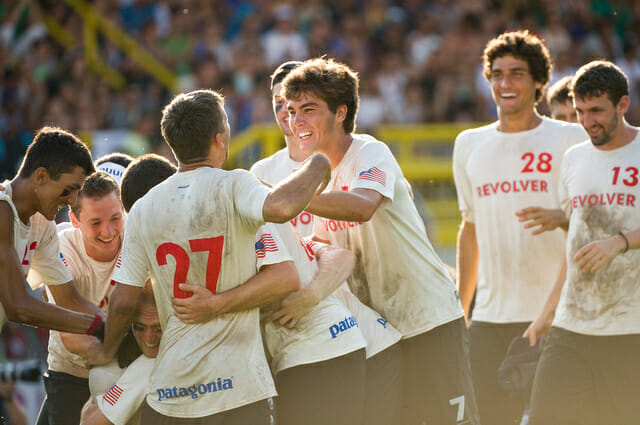 Revolver celebrates after winning the 2014 World Ultimate Club Championships.