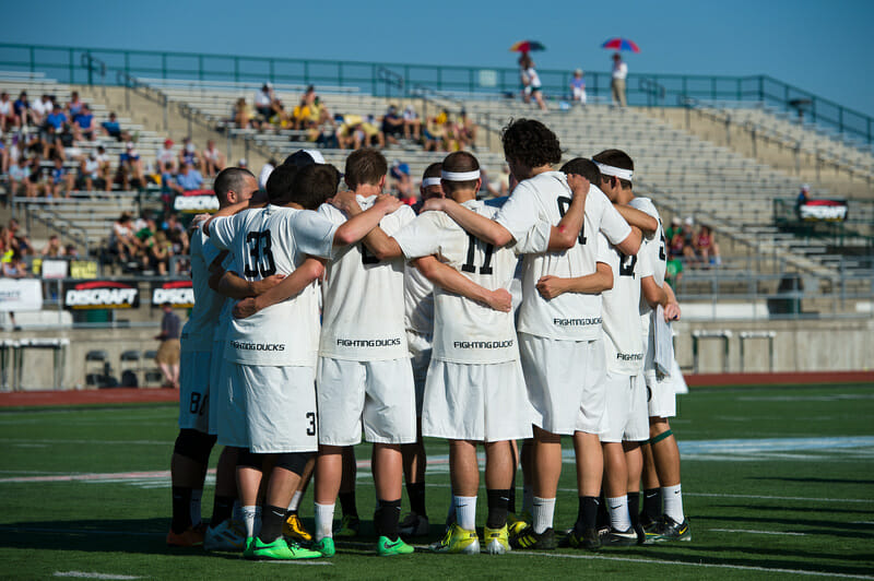 Oregon Ego in the huddle.