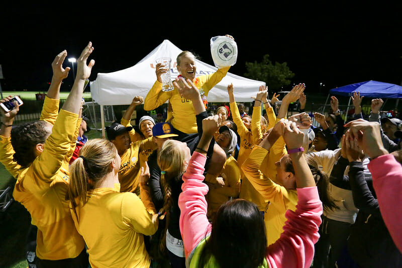 Fury celebrates teammate Alex Snyder winning the 2015 Kathy Pufahl Spirit Award. Photo: Alex Fraser -- UltiPhotos.com