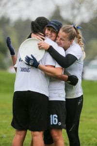 Chen and Pojunis embrace teammate Alyssa Worsham at Stanford Invite 2016. 