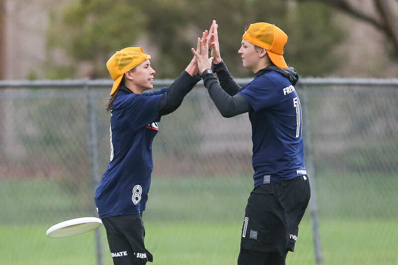 Central Florida's Shayna Brock and Janina Freystaetter celebrate. Photo: Rodney Chen -- UltiPhotos.com