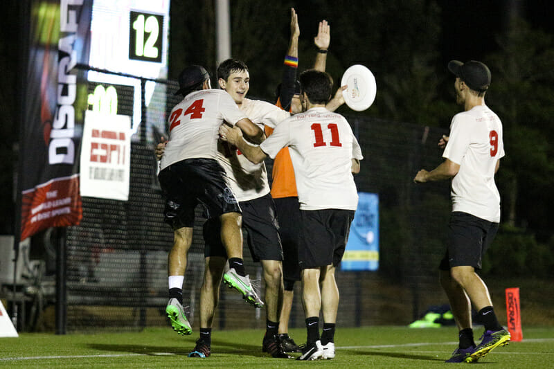 Harvard celebrate their semifinal win. Photo: Paul Rutherford -- UltiPhotos.com