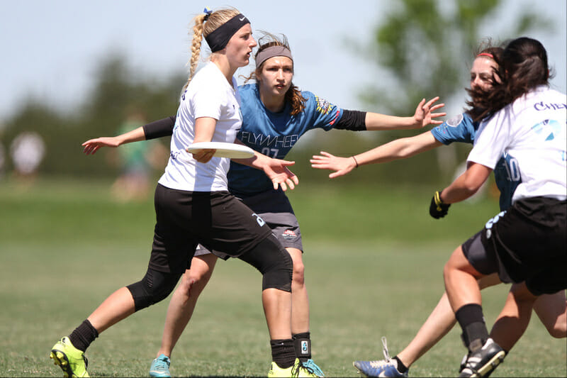 UCLA's Kristen Pojunis looks for Han Chen to get open at Centex 2016.