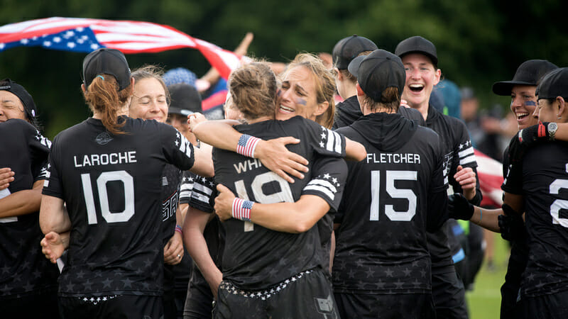 The US Masters Women's team celebrate their gold medal victory at WUGC. Photo: Jolie J Lang -- UltiPhotos.com