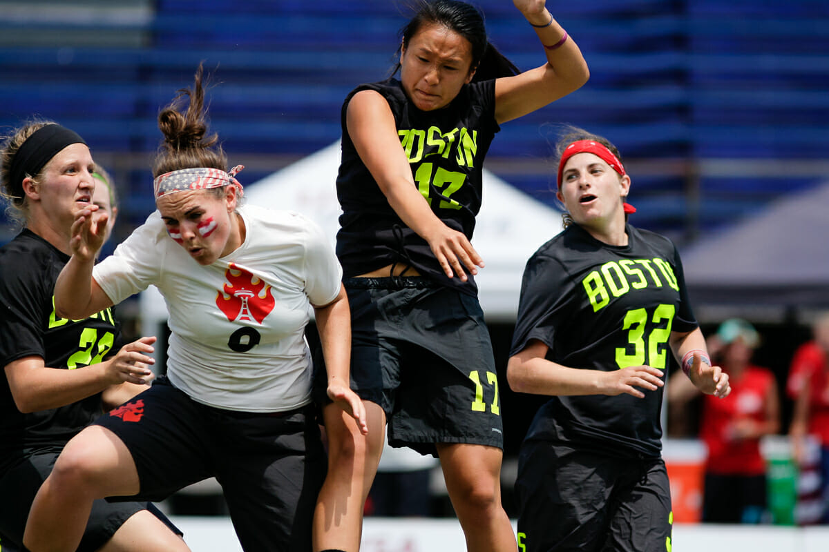 Brute Squad's Angela Zhu knocks the disc away from Riot's Paige Soper at the US Open. Photo: Burt Granofsky -- UltiPhotos.com