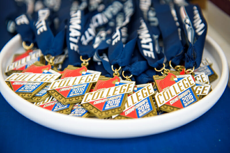 Medals for the 2016 D1 College Championships. Photo: Paul Andris -- UltiPhotos.com