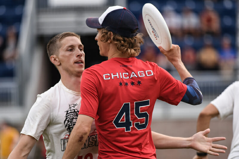 Machine's Brett Matzuka marked by Ironside's Alex Simmons. Photo: Marshall Goff -- UltiPhotos.com