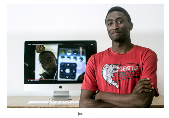 Marques Brownlee poses in a Sockeye jersey for the feature's author, Joon Lee. 