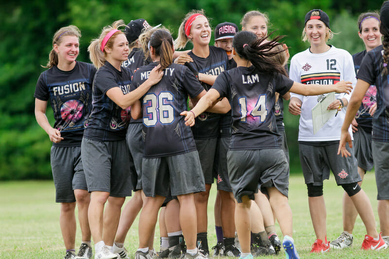 Winnipeg Fusion celebrate a victory at the 2016 US Open. Photo: Burt Granofsky -- UltiPhotos.com