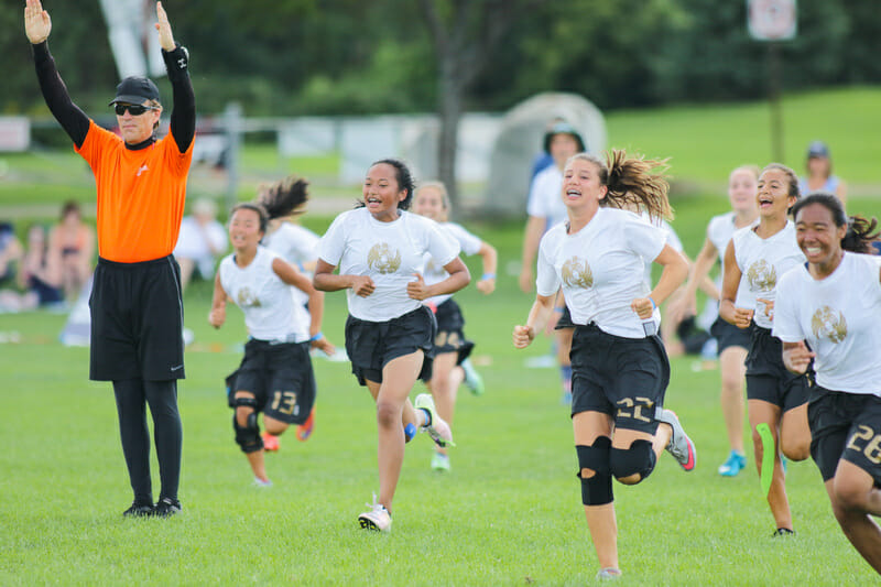 Seattle Hydra rushes the field to celebrate their U16 title, part of a Seattle sweep in the girls divisions. Photo: Alex Fraser -- UltiPhotos.com