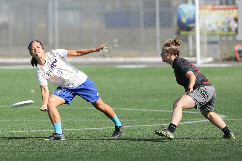 Carolyn Finney of Fury fires a forehand against Scandal at Pro Flight Finale 2016.