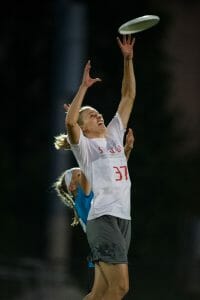 Scandal's Sandy Jorgensen goes up for the disc during the 2016 All Star Ultimate Tour. 