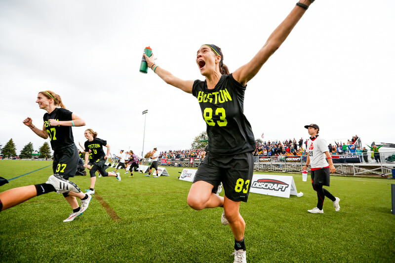 Brute Squad's Aly Heath storms the field after Brute secured their second straight National Championship. Photo: Paul Rutherford -- UltiPhotos.com