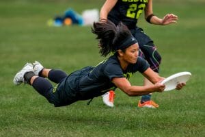 Cassie Wong of Brute Squad secures the catch with a layout in the quarterfinals of the 2016 Club Championships.