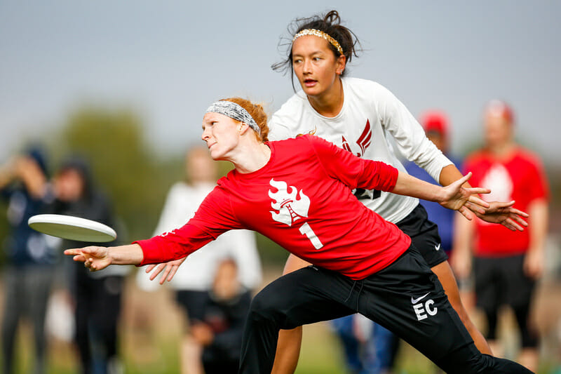 Kelly Johnson (Riot #1) resets the disc during Pool Play at the USA Ultimate Club National Championships. Photo: Paul Rutherford -- UltiPhotos.com.