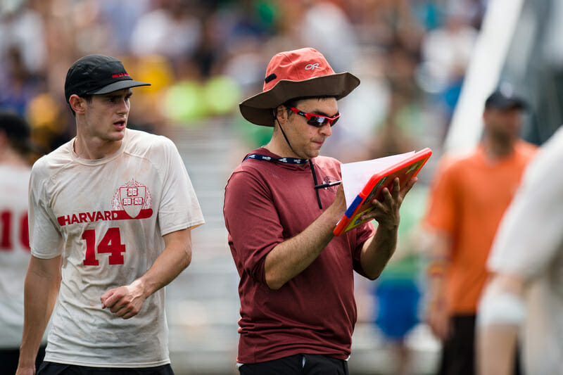 Harvard coach Mike Mackenzie keeping stats at the 2016 College Championships. Photo: Kevin Leclaire -- UltiPhotos.com