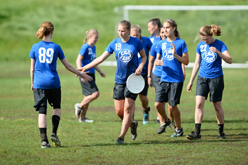 Josie Gillet and Bates Cold Front at the 2016 DIII College Championships in Winston-Salem, NC. Photo: Sean Carpenter -- UltiPhotos.com