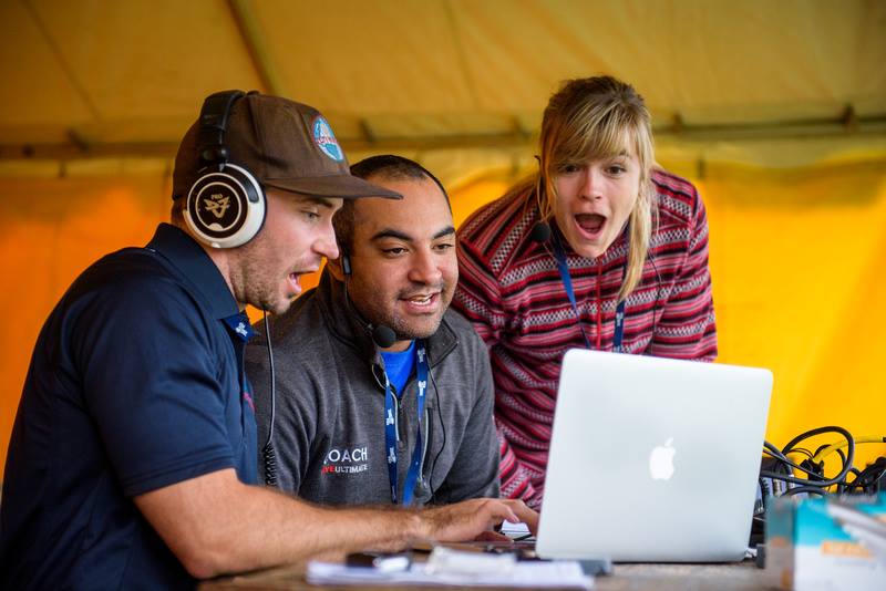 From left: Ultiworld's Charlie Eisenhood, Keith Raynor, and Katie Raynolds react to a play during the Fury v. Riot semifinal at the 2016 National Championships. Photo: Paul Andris -- UltiPhotos.com