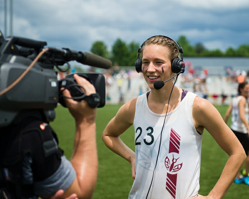Stanford's Courtney Gegg is interviewd by ESPN during a 2016 Nationals broadcast.