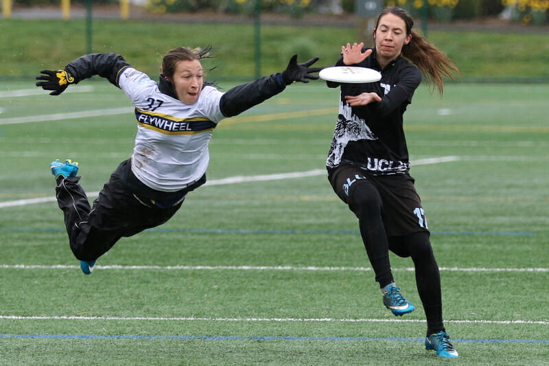 Michigan's Hannah Henkin lays out against a UCLA cutter at the 2017 Northwest Challenge.