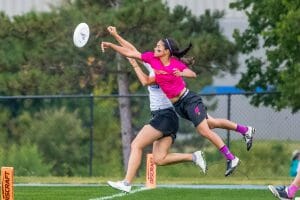 Revolution's Manuela Cardenas gets the huge layout block vs. Molly Brown at the 2017 US Open. Photo: Taylor Nguyen -- UltiPhotos.com