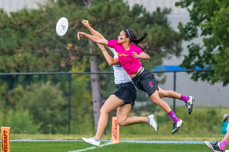 Revolution's Manuela Cardenas gets the huge layout block vs. Molly Brown at the 2017 US Open. Photo: Rudy Desort -- UltiPhoto.com