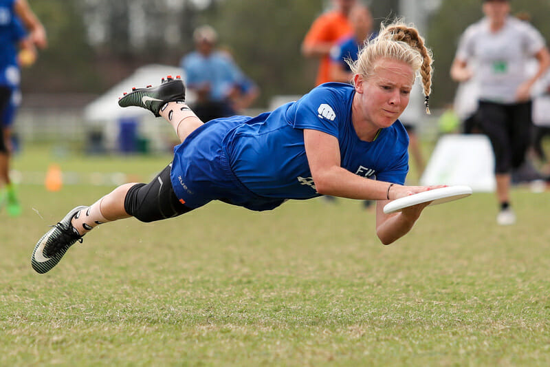 Fury's Maggie Ruden lays out to secure a huck in the 2017 Club Championship semifinal.