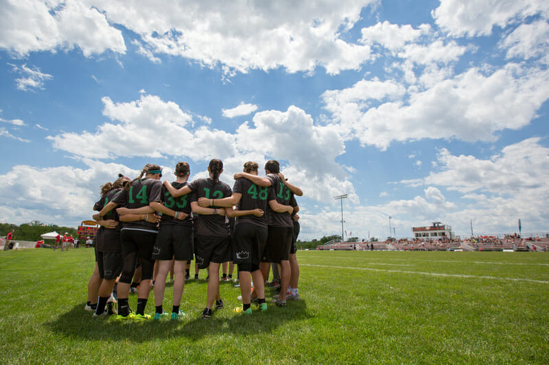 Dartmouth huddles before the final at the 2017 College Championships