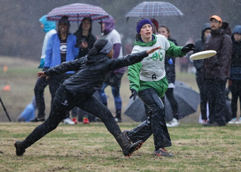 Carleton moves the disc against Georgia during rainy Sunday bracket play at Queen City Tune Up 2018.