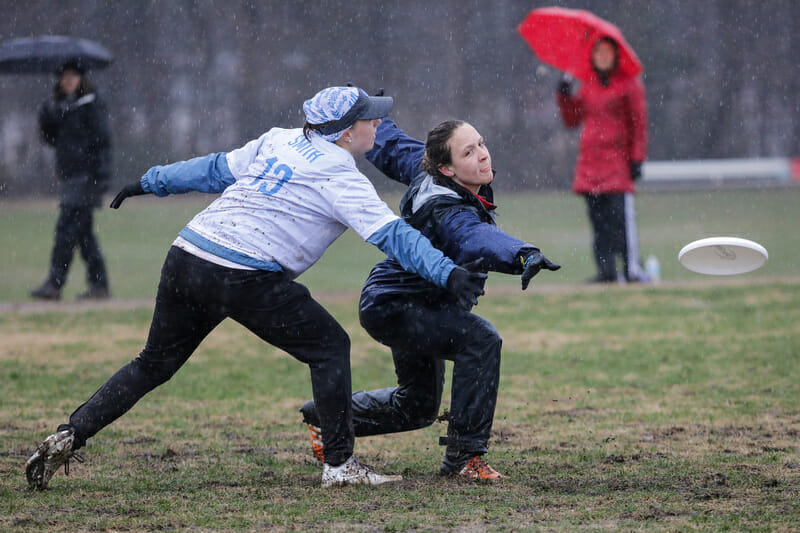 Tufts's Megan Wilson throws a backhand against North Carolina at Queen City Tune Up 2018.