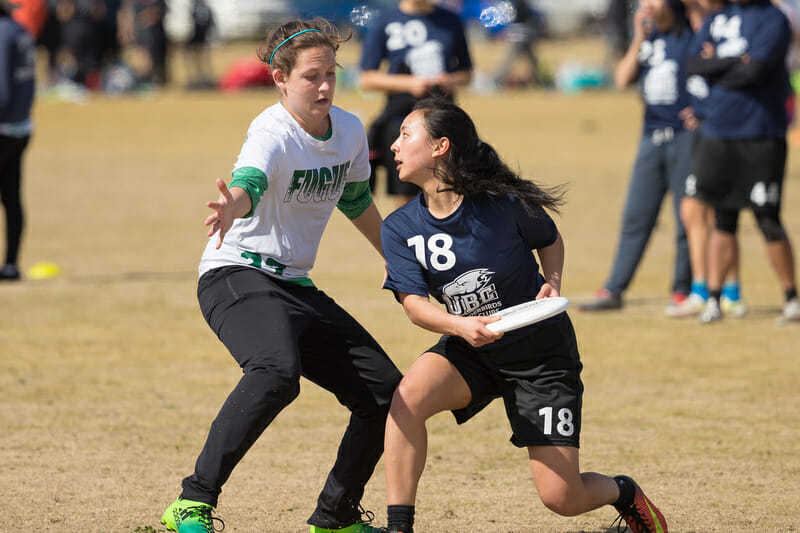 UBC's Michelle Ling pivots with the disc at 2018 Stanford Invite.