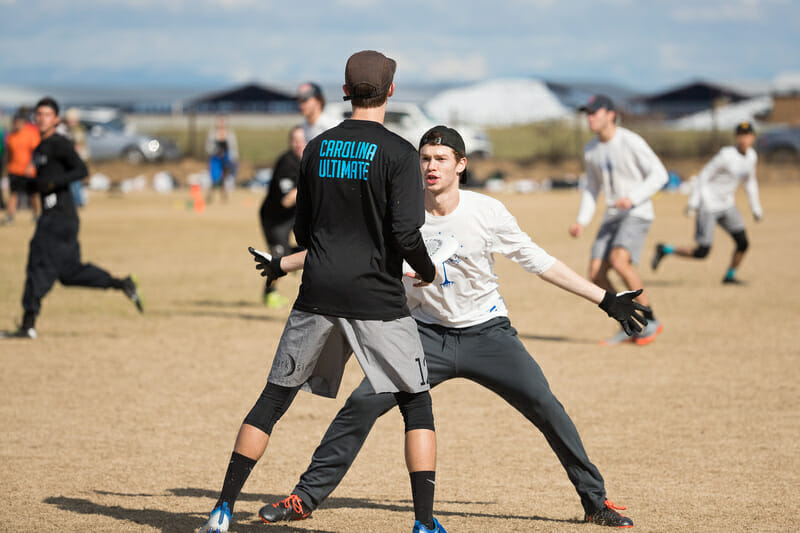 North Carolina's Elijah Long is marked by Carleton's Sol Yanuck in the final of the 2018 Stanford Invite