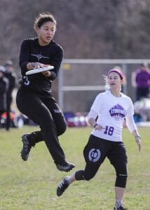 Carleton rookie Nariah Belle Sims make a catch at the 2018 Queen City Tune Up. 