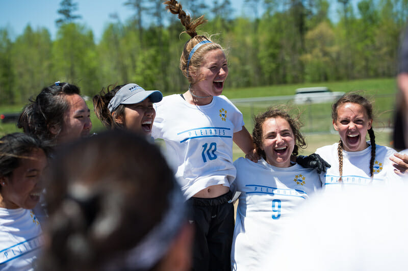 North Carolina's Olivia Monroe energizes the huddle at Atlantic Coast Regionals 2018.