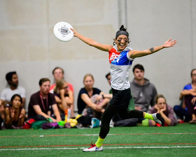 Seattle BFG's Rena Kawabata celebrates a goal during the mixed division final of WUCC 2018.