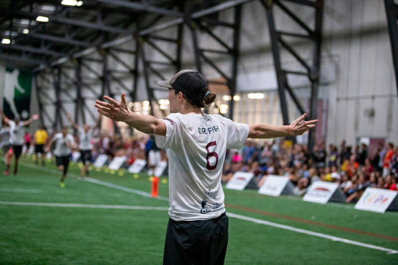 Seattle Riot's Sarah Griffith celebrates the gold medal goal at WUCC 2018.