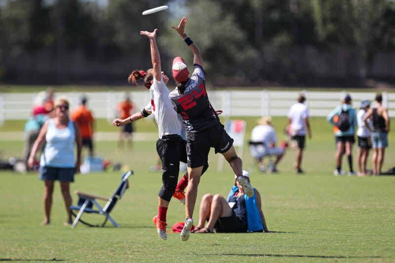 Ozone's Katherine Wooten goes up for a sky in Ozone's quarterfinal upset over Riot the 2017 Club National Championships.