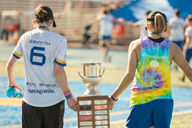 Fury's Sarah Griffith and Kirstin Johnson handle the trophy at 2018 Club National Championships. 