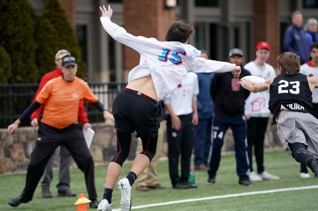 UNC's Walker Matthews gets a layout block in the final of Carolina Kickoff 2019.