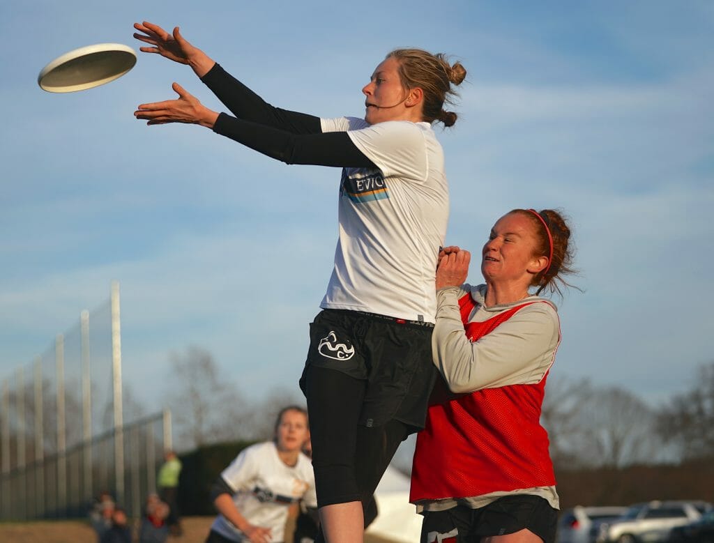 Tufts' Margo Urheim catches the game winning goal against Ohio State in pool play of QCTU 2019.